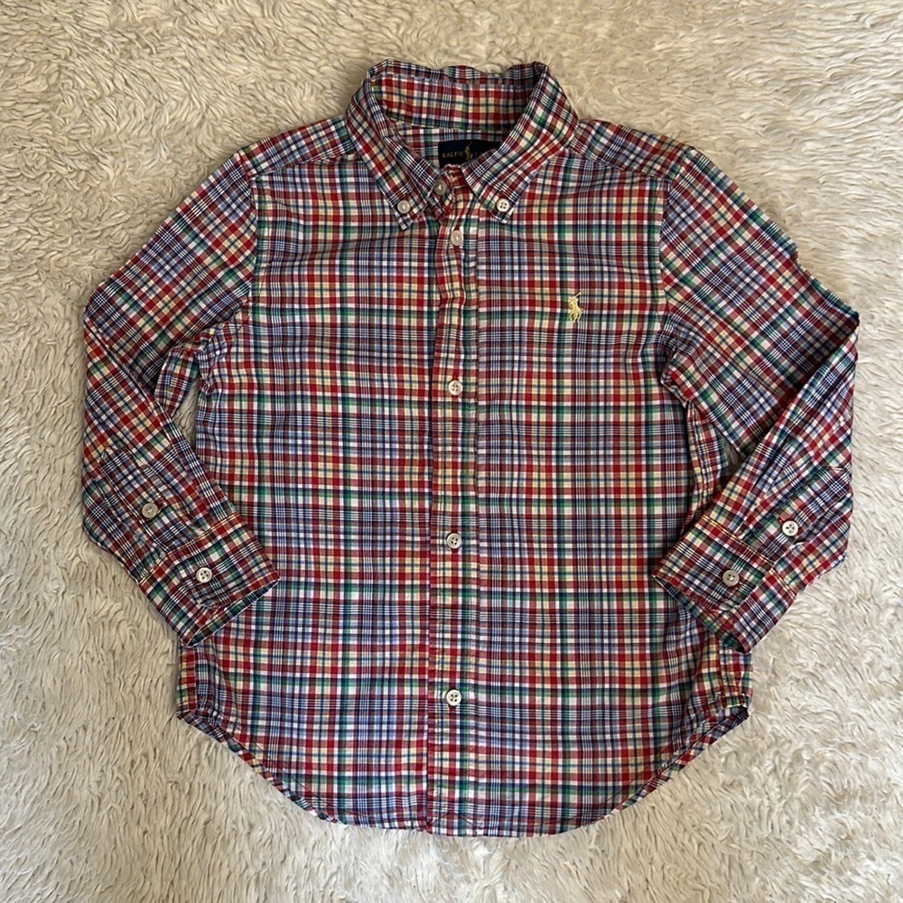 Ralph Lauren Polo Child's BoyLS Shirt Plaid Multi Color Gold Horse size 3T